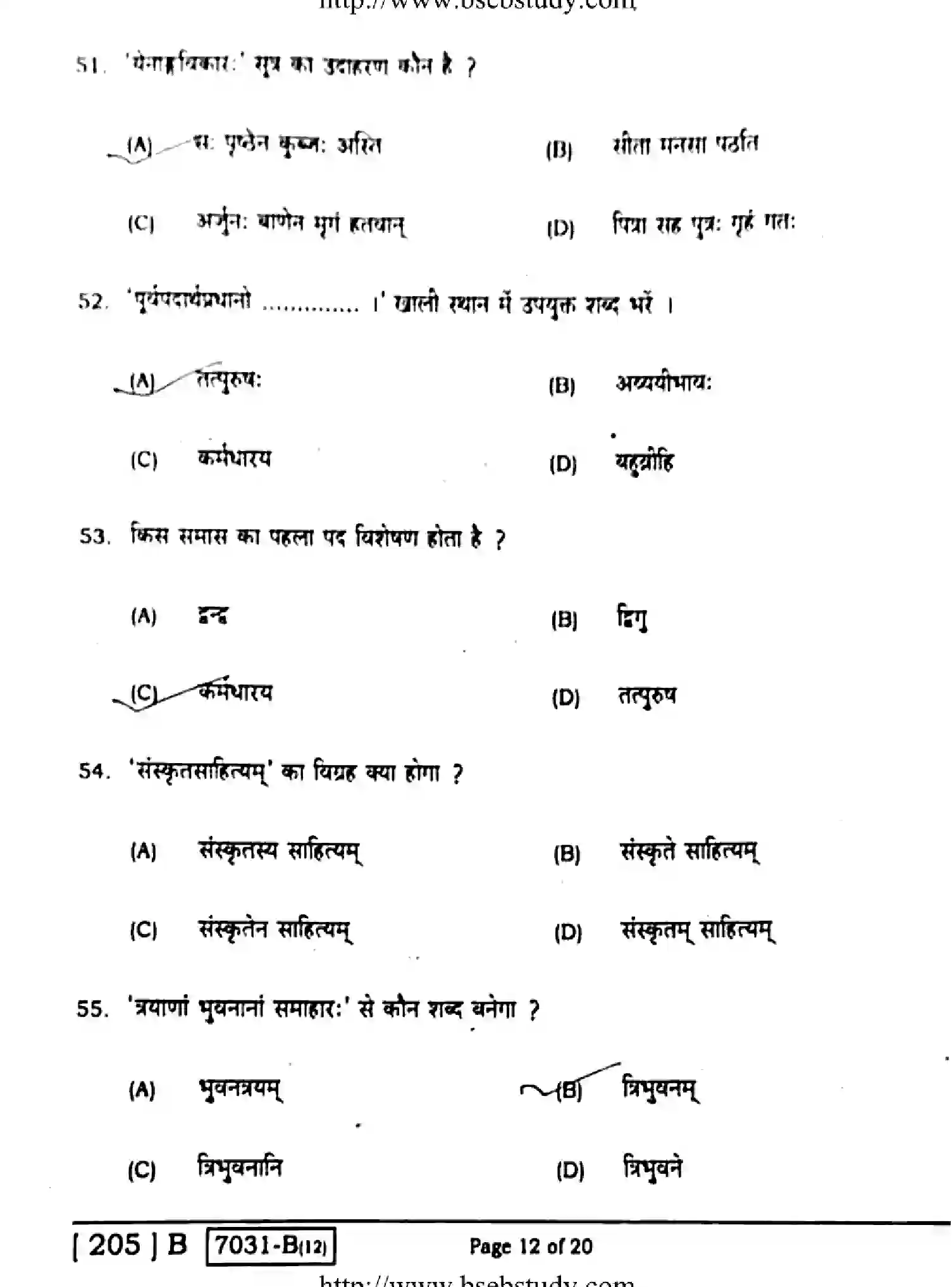 Bihar Board Class 10 2020 SANSKRIT-205-B Finals - Page 12