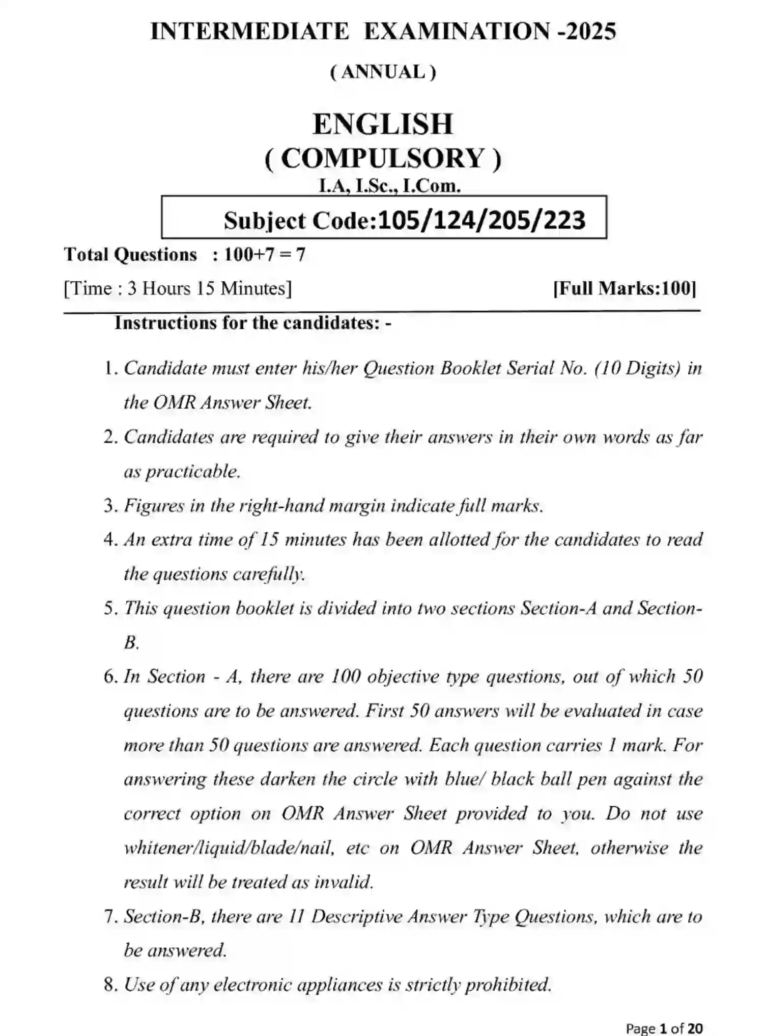 Bihar Board Class 12 2025 MODEL-PAPER-ENGLISH-105-124-205-223 Model Papers - Page 1