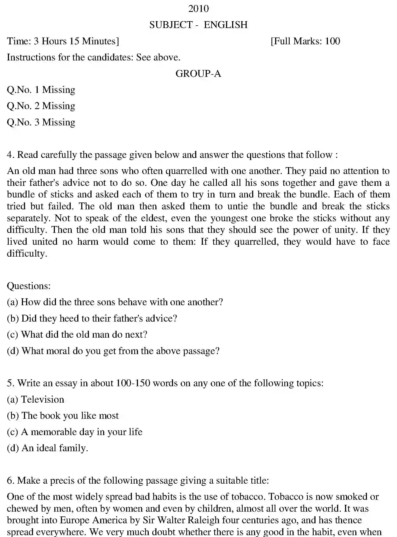 Bihar Board Class 12 2010 ENGLISH Question Bank - Page 1