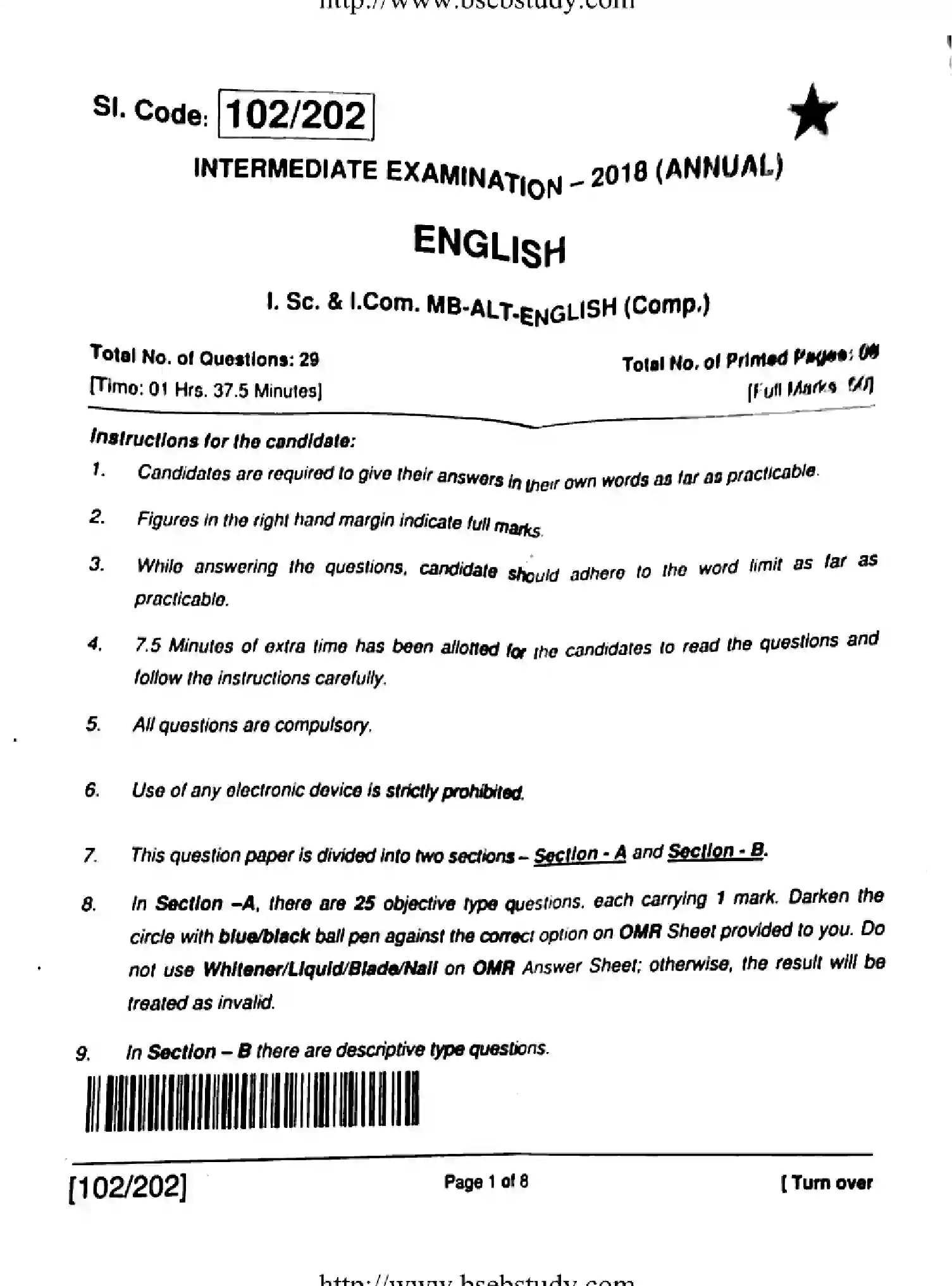 Bihar Board Class 12 2018 ENGLISH-102-202 Question Bank - Page 1